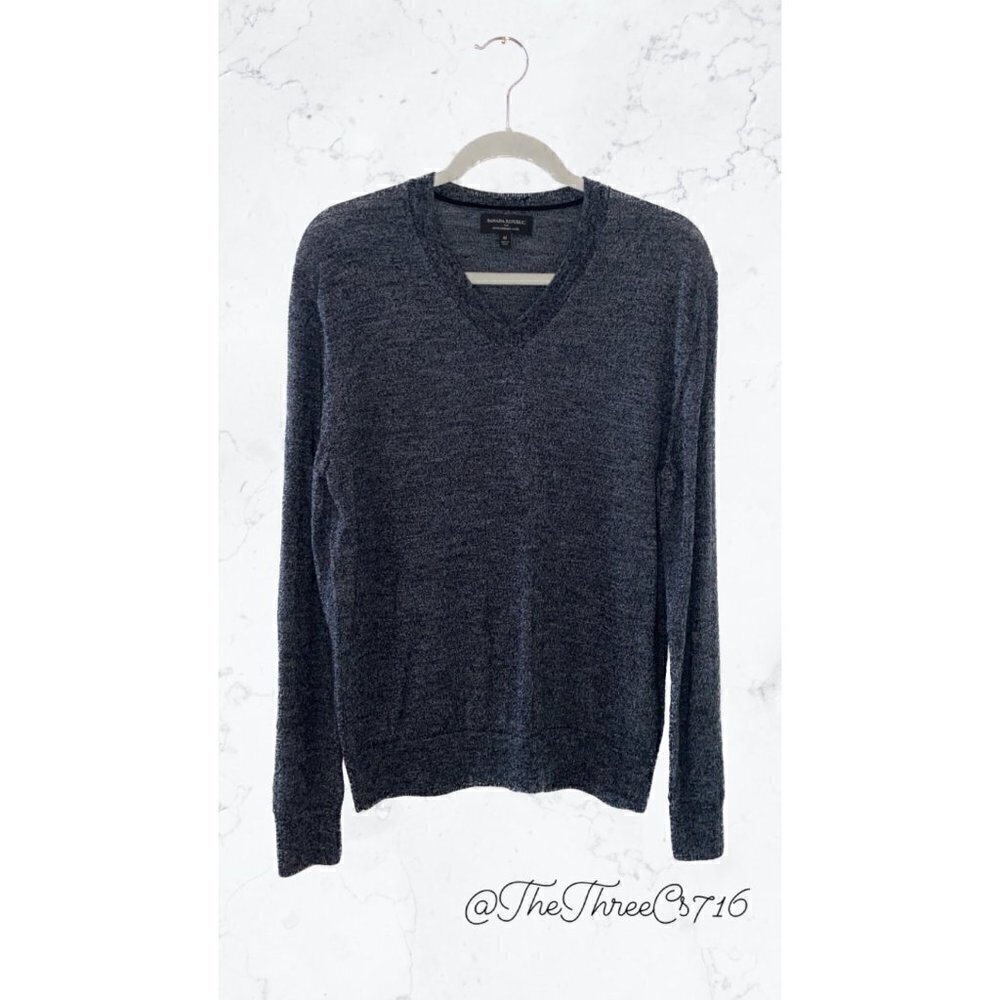 Banana Republic Sweater Men's Medium Grey Black Knit Merino Wool V Neck C…